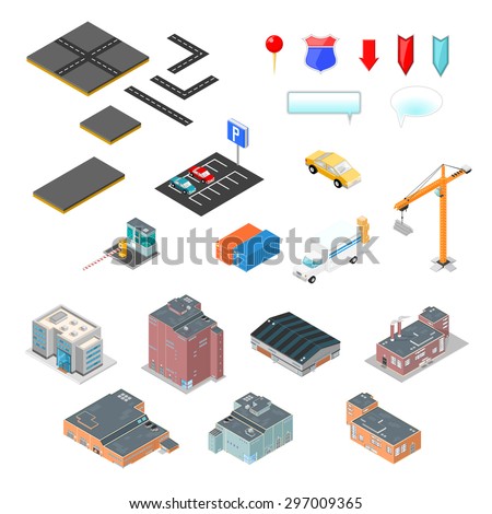 A vector illustration of an urban industrial map kit.
Isometric Urban Industrial Map Kit.
City Industry scene features on tiles for map creation and design.