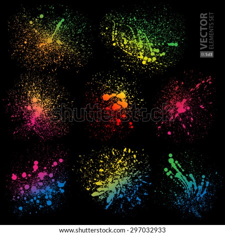 Set of 8 isolated colorful gradient rainbow grunge paint splashes on black background. RGB EPS 10 vector illustration