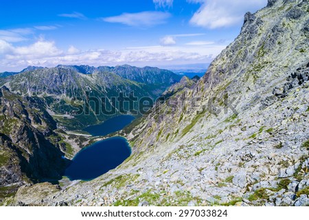 View of mountain lakes Morskie Oko and Czarny Staw from trail to Rysy, Tatra Mountains, Poland