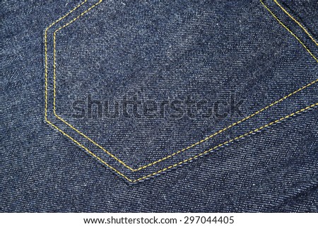 Blue Jeans Denim, 100% Cotton Un sanforized Denim Red Selvage Jeans on Plaid Shirt background, selective focus (detailed close-up shot) Royalty-Free Stock Photo #297044405
