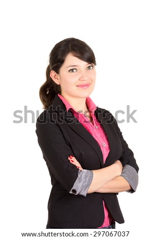Hispanic woman in pink shirt and black blazer jacket with arms crossed side angle.
