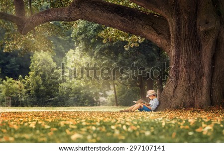 Little boy reading a book under big linden tree Royalty-Free Stock Photo #297107141