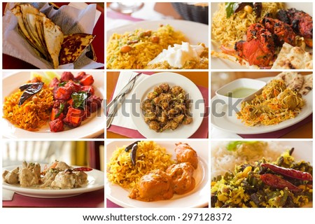 Variety of popular Indian food dishes in collage imagery Royalty-Free Stock Photo #297128372