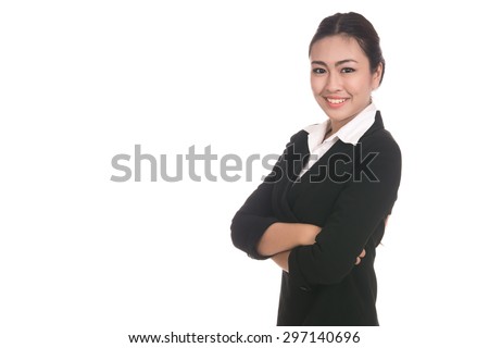 Happy young business asian woman with blank copy space,Thai girl,isolated on white background