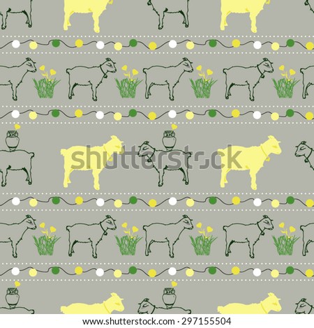 Goats on grey background seamless vector pattern