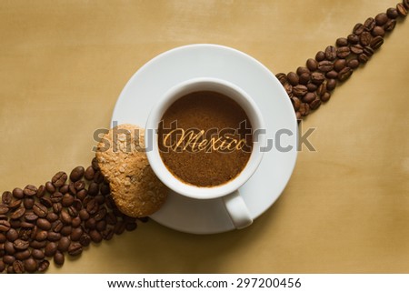 Still life photography of hot coffee beverage with text Mexico