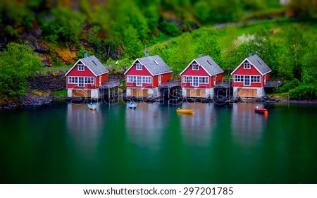 tilt shift effect on some boat houses Royalty-Free Stock Photo #297201785