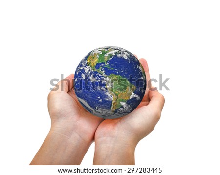 Earth planet in female hand isolated on white - Elements of this image furnished by NASA