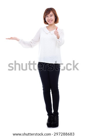Asian woman present something isolated on white background. 