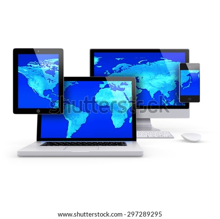 Group Render of a tablet pc, laptop, Desktop and smartphone, with a blue world map on the screens.
