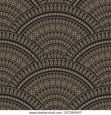 Vector abstract seamless geometrical background from dark beige and black fan shaped ornate elements with ethnic patterns  Royalty-Free Stock Photo #297289697