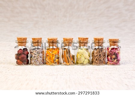 Bottles with herbs used in homeopathy.