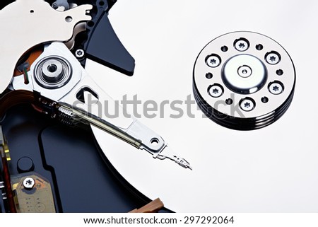 Close-up of hard disk drive (hdd) with abstract reflection. Stacked photo.