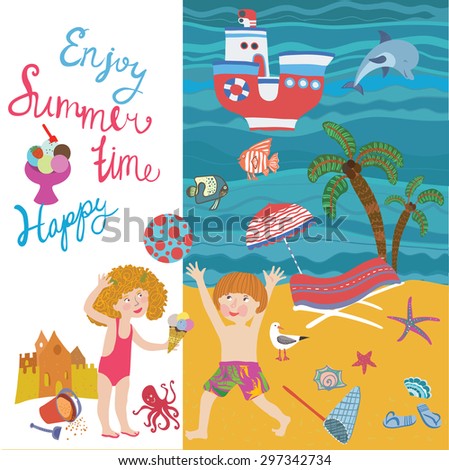 Summer beach background with the sea, children playing with a ball, ship, deck chairs and parasols, inscriptions, palm trees, ice cream, dolphin, fish and a seagull
