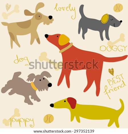 Lovely Colorful Dog Puppy Pet Hand Drawn Script Vector Illustration