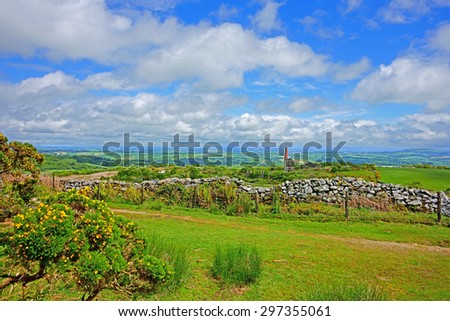 Panorama view of Bodmin Moor, the ruins of a Cornish Tin Mine, the Phoenix United Mines Prince of Wales Engine House can be seen in the distance, at Minions on Bodmin Moor, Cornwall, United Kingdom