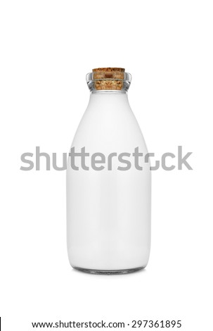 Milk bottle with cork top isolated on white background Royalty-Free Stock Photo #297361895