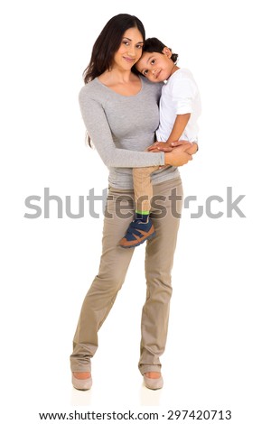 loving young indian mother holding her son on white background Royalty-Free Stock Photo #297420713