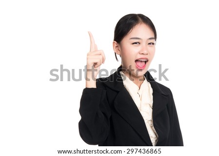 Happy young business asian woman with finger pointing up with blank copy space,Thai girl,isolated on white background