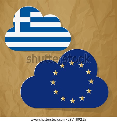 Flags of European Union and Greece as speech bubble on a crumpled paper brown background.