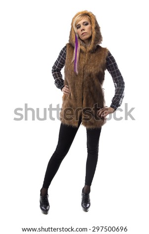 Photo of blonde in brown fur jacket, chin up on white background