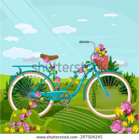 Bicycle with flowers in park. Vector flat cartoon illustration