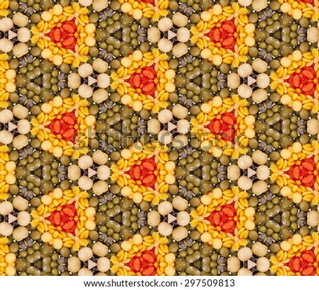 Seamless abstract geometric pattern with cereal grains, groats and seeds. Kaleidoscopic background for design. Bean, lentil, pea. 