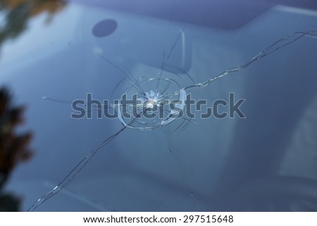 Smashed windscreen of a car, damaged glass Royalty-Free Stock Photo #297515648