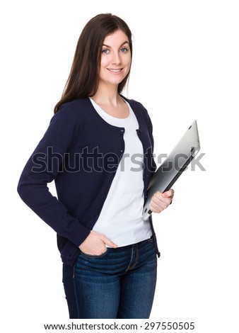 Brunette woman hold with laptop computer