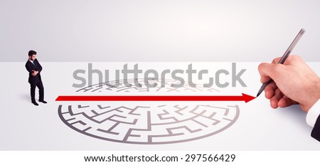 Hand drawing solution for successful businessman standing near the entrance of labyrinth 