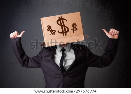 Young man standing and gesturing with a cardboard box on his head with dollar signs
