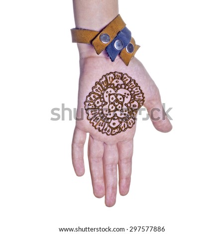 Mehendi or henna tatoo on the female hands in bracelets isolated on white