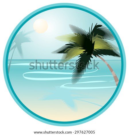 Vector illustration of summer beach landscape with palms in round. Can be used as flyer, cover, business cards, envelope, and brochure background.
