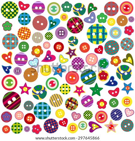 Many colored ornamental buttons of different shapes isolated on a white background, vector artwork