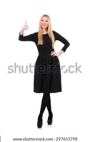 Woman in long black dress isolated on white