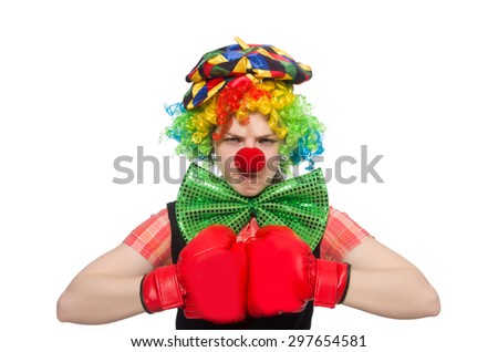 Female clown with box gloves  isolated on white