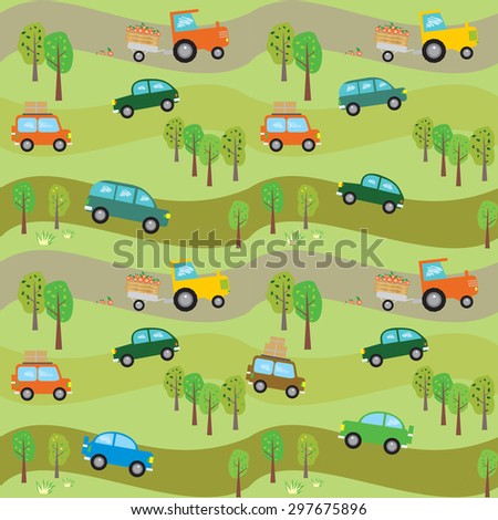 Vector funny seamless background.Cars and tractors in the forest