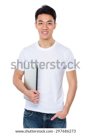 Asian man hold with laptop computer