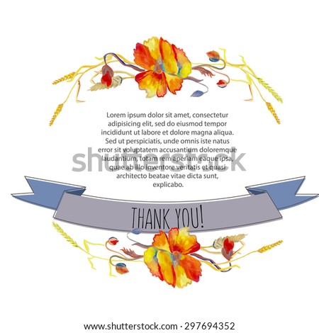 Hand painted watercolor vector illustration of wreath with poppies, grass and leaves. Design element for summer, autumn, wedding, spring, thank you, congratulation card.