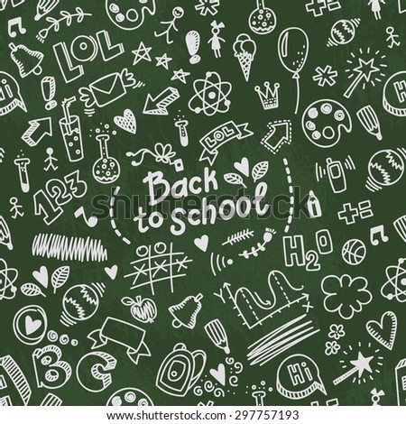 School seamless vector doodle pattern with different school supplies.