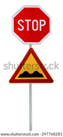 Red and yellow triangular warning road sign with STOP sign a warning of a bumpy road ahead on a rod