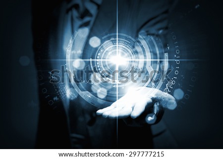 Businesswoman with media player button in palm