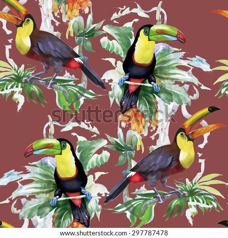Tropical watercolor floral seamless pattern with birds and leaves on brown background vector illustration
