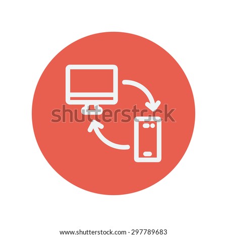 Computer, mobile device and network connection thin line icon for web and mobile minimalistic flat design. Vector white icon inside the red circle.