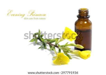 Yellow evening primrose (Oenothera biennis) flowers and a small bottle with oil, cosmetics and natural remedies for sensitive skin and eczema, isolated on a white background, sample text Royalty-Free Stock Photo #297791936