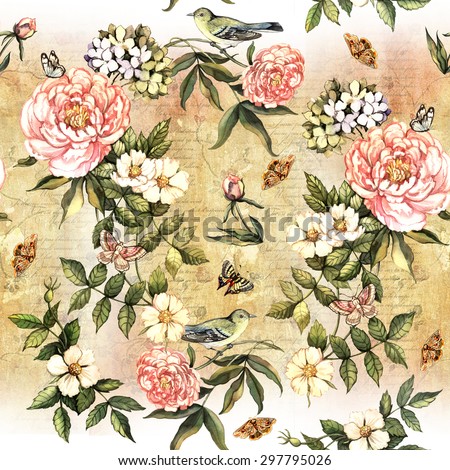 Vintage  pattern with flowers, lace and birds. Hand painting. Watercolor. Seamless pattern for fabric, paper and other printing and web projects.