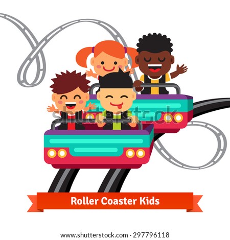 Group of excited, smiling and screaming kids riding roller coaster. Flat style vector cartoon illustration.