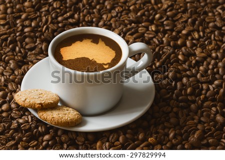 Still life photography of hot coffee beverage with map of Australia