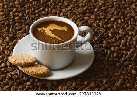 Still life photography of hot coffee beverage with map of Croatia