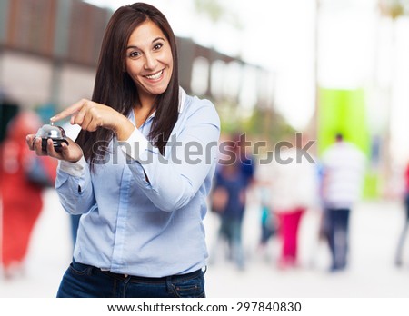 happy young woman with button